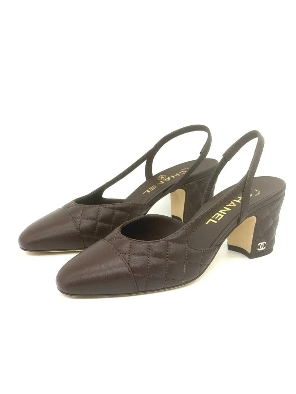 CHANEL 26B Coco Quilted Leather Mademoiselle Slingback Sandals Block Heels Pump